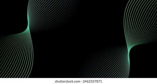 Fondo Abstractas con ondas para el Anuncio. Mediano tamaño de Anuncio. Fondo de Vector con líneas. Elemento para diseño aislado sobre negro. Negro, verde y azul. Océano, noche, tarjeta