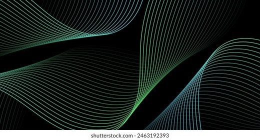 Abstract background with waves for banner. Medium banner size. Vector background with lines. Element for design isolated on black. Black, green and blue. Ocean, night, card