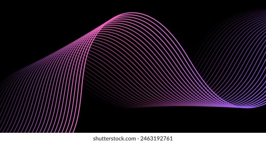 Abstrakter Hintergrund mit Wellen für den Banner. Mittelgroße Größe des Banners. Vektorgrafik Hintergrund mit Zeilen. Element für isoliertes Design auf Schwarz. Farbiger Verlauf. Blau, lila, rosa