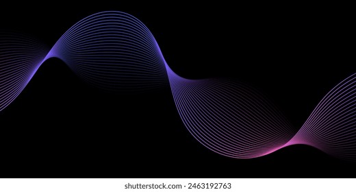 Abstract background with waves for banner. Medium banner size. Vector background with lines. Element for design isolated on black. Colorful gradient. Blue, purple, pink