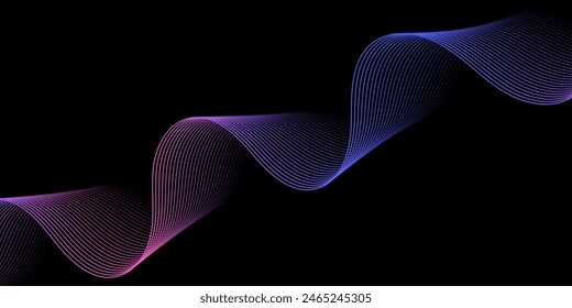 Abstract background with waves for banner. Medium banner size. Vector background with lines. Element for design isolated on black. Colorful gradient. Blue, purple, pink