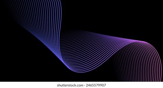 Abstract background with waves for banner. Medium banner size. Vector background with lines. Element for design isolated on black. Colorful gradient. Blue, purple, pink