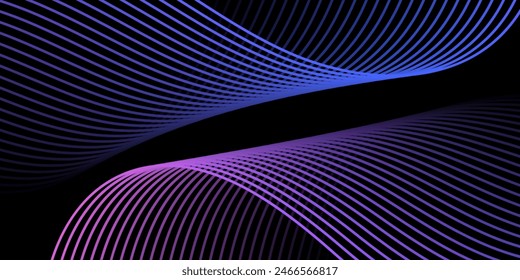 Abstract background with waves for banner. Medium banner size. Vector background with lines. Element for design isolated on black. Colorful gradient. Blue, purple, pink