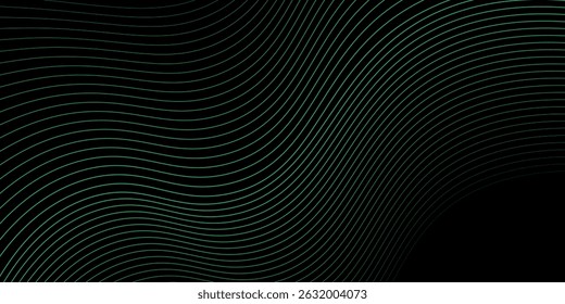Abstract background with waves for banner. Medium banner size. Vector background with lines. Element for design isolated on black. Black, green and blue. Ocean, night, card,eps10