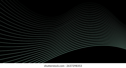 Abstract background with waves for banner. Medium banner size. Vector background with lines. Element for design isolated on black. Black, green and blue. Ocean, night, card