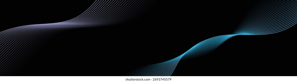 Fundo abstrato com ondas para banner. Tamanho médio do banner. Fundo do vetor com linhas. Elementos de design isolados em preto. Gradiente colorido. Roxo claro e azul. Brochura.