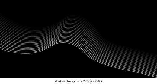 Abstract background with waves for banner. Medium banner size. Vector background with lines. Element for design isolated on black. Black and white
