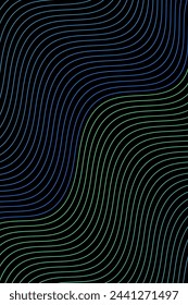 Abstract background with waves for banner. Standart poster size. Vector geometric background with lines. Element for design isolated on black. Green and blue gradient. Brochure, booklet