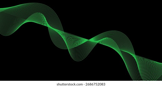 Abstract background with waves for banner. Standart poster size. Vector geometric background with lines. Element for design isolated on black. Black and green gradient. Brochure, booklet