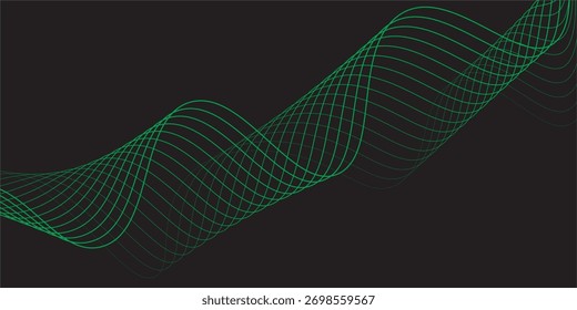 Fundo abstrato com ondas para banner. Tamanho padrão do pôster. Fundo geométrico do vetor com linhas. Elemento de design isolado em preto. Gradiente em preto e verde. Folheto, livreto