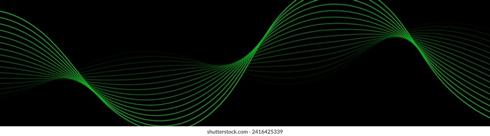 Abstract background with waves for banner. Web banner size. Vector background with lines. Element for design isolated on black. Black and green. Night, dark, nature