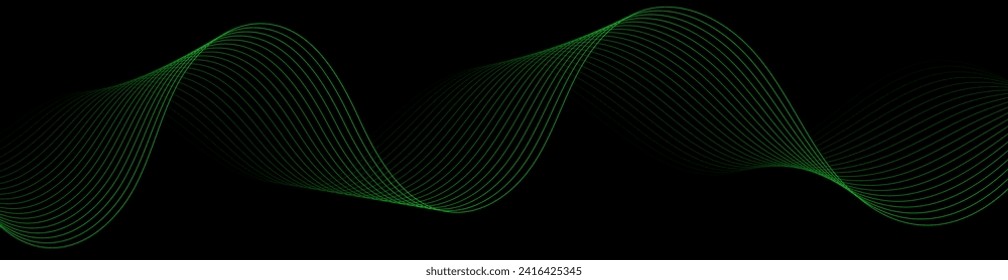 Abstract background with waves for banner. Web banner size. Vector background with lines. Element for design isolated on black. Black and green. Night, dark, nature