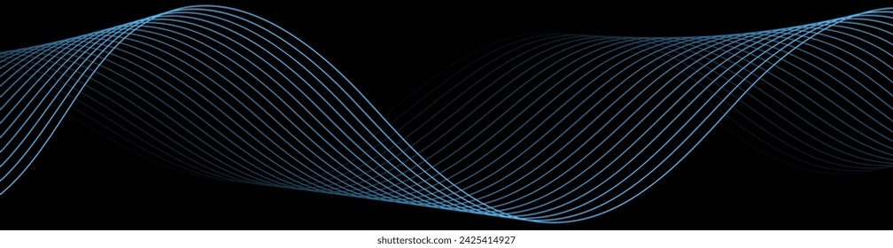 Abstract background with waves for banner. Web banner size. Vector background with lines. Element for design isolated on black. Blue and black gradient. Night, dark, water, ocean