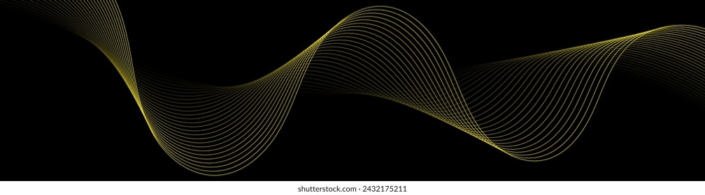 Abstract background with waves for banner. Web banner size. Vector background with lines. Element for design isolated on black. Yellow and black gradient. Night, dark