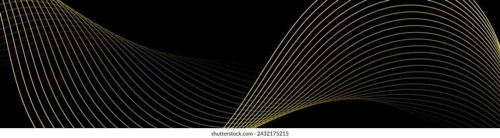Fondo abstracto con ondas para banner. Tamaño de banner web. Fondo vectorial con líneas. Elemento para diseño aislado sobre negro. Degradado amarillo y negro. Noche, oscuridad