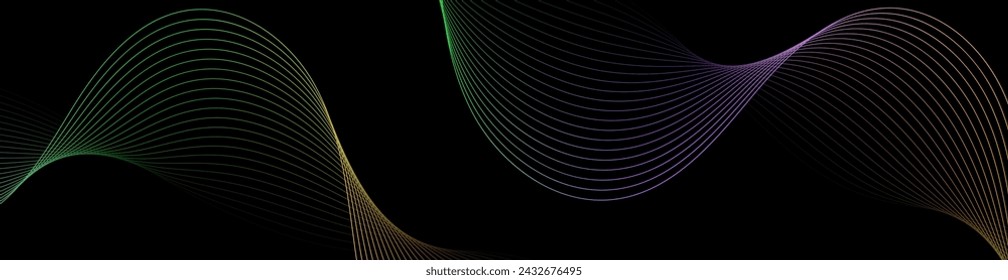 Abstract background with waves for banner. Web banner size. Vector background with lines. Element for design isolated on black. Colorful gradient. Green, purple, yellow. Night, dark