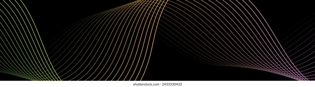 Fondo abstracto con ondas para banner. Tamaño de banner web. Fondo vectorial con líneas. Elemento para diseño aislado sobre negro. Degradado colorido. Verde, púrpura, amarillo. Noche, oscuridad
