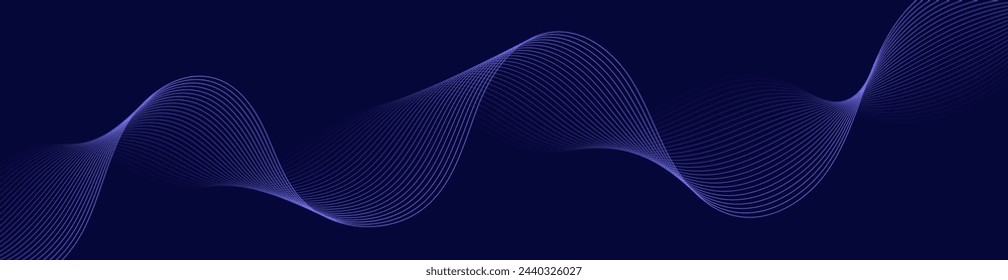 Abstract background with waves for banner. Web banner size. Vector background with lines. Element for design isolated on dark blue. Blue gradient. Night, ocean