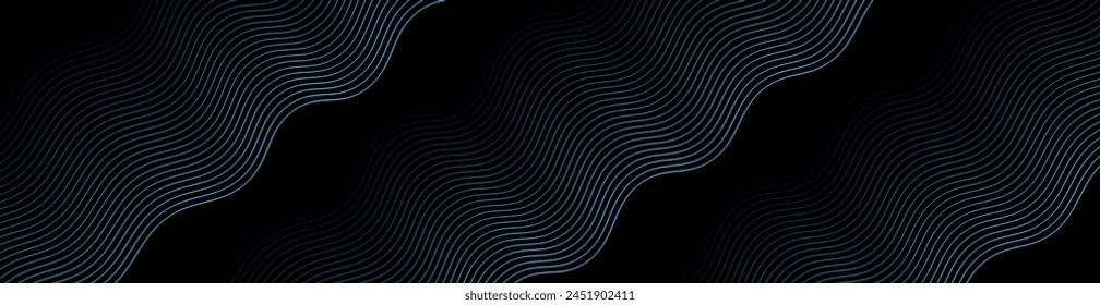 Abstract background with waves for banner. Web banner size. Vector background with lines. Element for design isolated on black. Blue and black gradient. Night, ocean