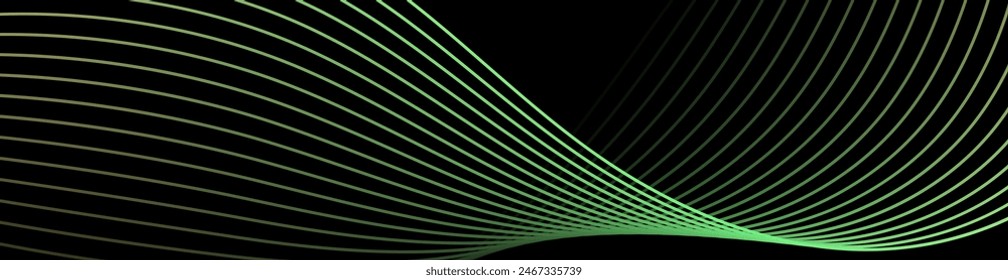 Abstract background with waves for banner. Web banner size. Vector background with lines. Element for design isolated on black. Black, orange and green gradient. Night, dark