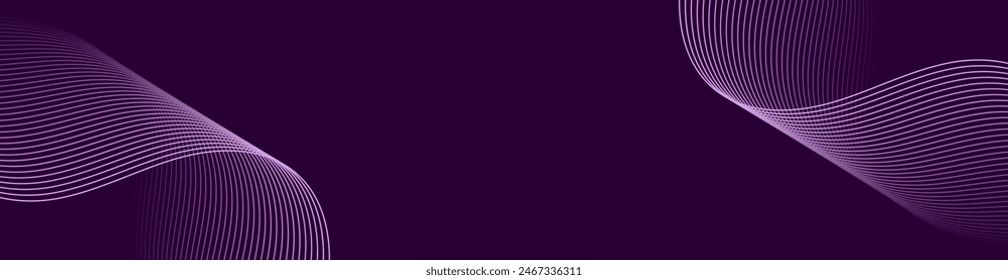 Abstract background with waves for banner. Web banner size. Vector background with lines. Element for design isolated on dark purple. Purple gradient. Water, ocean. Dark, deep, night