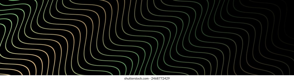 Abstract background with waves for banner. Web banner size. Vector background with lines. Element for design isolated on black. Black, orange and green gradient. Night, dark