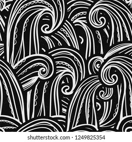 Abstract background with waves. Drawn seamless pattern. Can be used as wallpaper, desktop, wrapping, fabric or background for your blog, covers, cards. Black and white. 