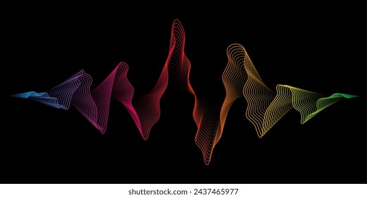 Abstract background waves dynamic rainbow light flow isolated on black background. Vector design element for technology, modern science banner. Music equalizer or or soundwave concept.