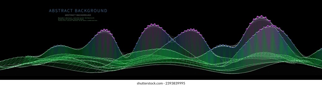 Abstrakte Hintergrundwellen Graphen aus Farbkugeln und Linien auf Raster. Technologieweltrahmen-Helix-Konzept im virtuellen Raum. Big Data. Banner für Business-, Wissenschafts- und Technologiedatenanalyse.  