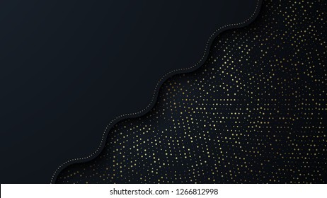 Abstract background with waves layers and halfton gold pattern. Realistic 3d cut paper effect. Vector illustration.