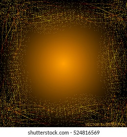 Abstract background with waves and lights. Vector illustration in gold colors with shiny particles on the frame.