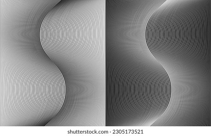 Abstract background with waves lines. Illusion of dynamic transition. Black lines on a white background and white lines on the black side.