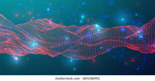 Abstract background with waves and plexus effect. 3D surface.