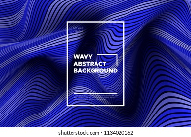 Abstract Background with Waves. Trendy Cover with Distorted Blue Stripes. 3d and Movement Effect. Vector Wavy Lines with Optical Illusion, Flow. Waves Abstract for Web Design, Placard, Posters, Layout