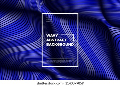 Abstract Background with Waves. Trendy Cover with Distorted Blue Stripes. 3d and Movement Effect. Vector Wavy Lines with Optical Illusion, Flow. Waves Abstract for Web Design, Placard, Posters, Layout
