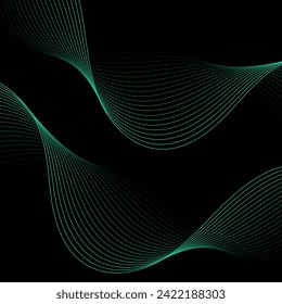 Abstract background with waves. Vector banner with lines. Background for music album, poster, card, advertisement. Element for design isolated on black. Green and black gradient. Turquoise color
