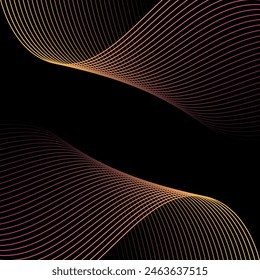 Abstract background with waves. Vector banner with lines. Background for music album, poster, card, advertisement. Geometric element for design isolated on black. Pink and yellow gradient. Night, dark