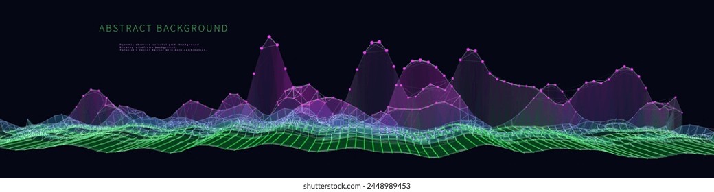 Abstract  background waviy color graph  in net from circles and lines on dark. Technology wireframe concept data plexus in virtual space. Banner for business, science and technology data analytics.