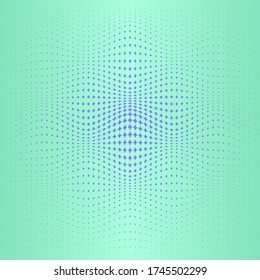 Fondo abstracto con estrellas onduladas de 4 puntos de color azul de moda sobre fondo verde. Textura de semitono. Se puede utilizar para páginas de aterrizaje, carteles, folletos, folletos, anuncios, banners, promociones.