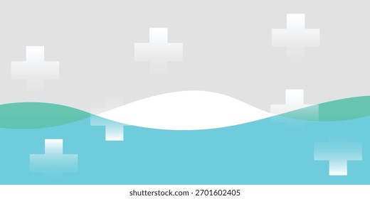 An abstract background with a wavy blue and green liquid below a gray sky, featuring floating white medical plus signs.