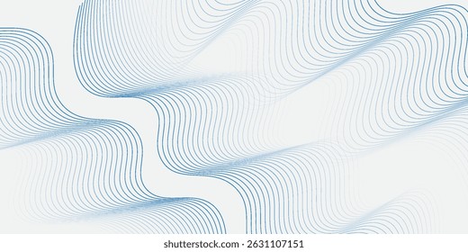 Abstract background with wavy blue lines on a white background. The blue lines create a flowing, textured pattern on the white surface. Minimal abstract gradient wavy line vector background
