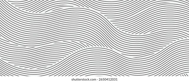 Fundo abstrato com linhas azuis onduladas em um fundo branco. As linhas azuis criam um padrão fluido e texturizado na superfície branca. Plano de fundo do vetor de linha ondulada de gradiente abstrato mínimo