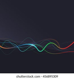 Abstract background. Wavy colorful swirly line on dark backdrop with light effects. Energy motion idea, business or techo minimal concept