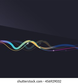 Abstract background. Wavy colorful swirly line on dark backdrop with light effects. Energy motion idea, business or techo minimal concept