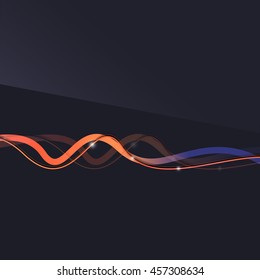 Abstract background. Wavy colorful swirly line on dark backdrop with light effects. Energy motion idea, business or techo minimal concept