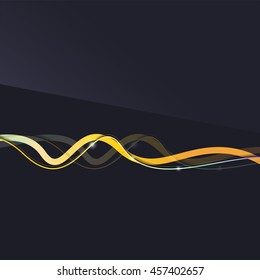 Abstract background. Wavy colorful swirly line on dark backdrop with light effects. Energy motion idea, business or techo minimal concept