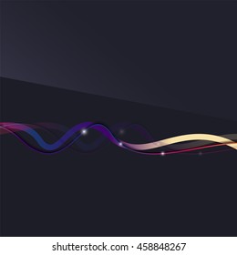 Abstract background. Wavy colorful swirly line on dark backdrop with light effects. Energy motion idea, business or techo minimal concept