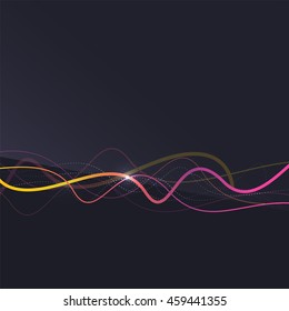 Abstract background. Wavy colorful swirly line on dark backdrop with light effects. Energy motion idea, business or techo minimal concept