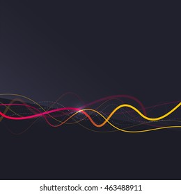 Abstract background. Wavy colorful swirly line on dark backdrop with light effects. Energy motion idea, business or techo minimal concept
