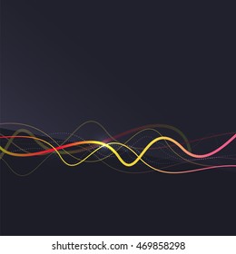 Abstract background. Wavy colorful swirly line on dark backdrop with light effects. Energy motion idea, business or techo minimal concept